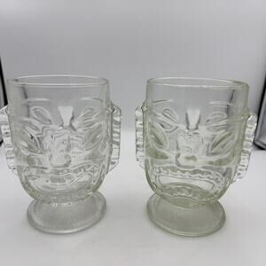 Tiki Face Clear Glass Mugs Set of 2 Vintage Mid-Century Barware Footed Goblets
